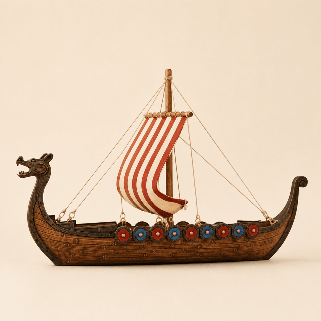 Viking Longship Resin Ship Model – Drakkar Dragon Prow & Striped Sail - Ocean Relic Studio- Handcrafted Wooden Ship Model