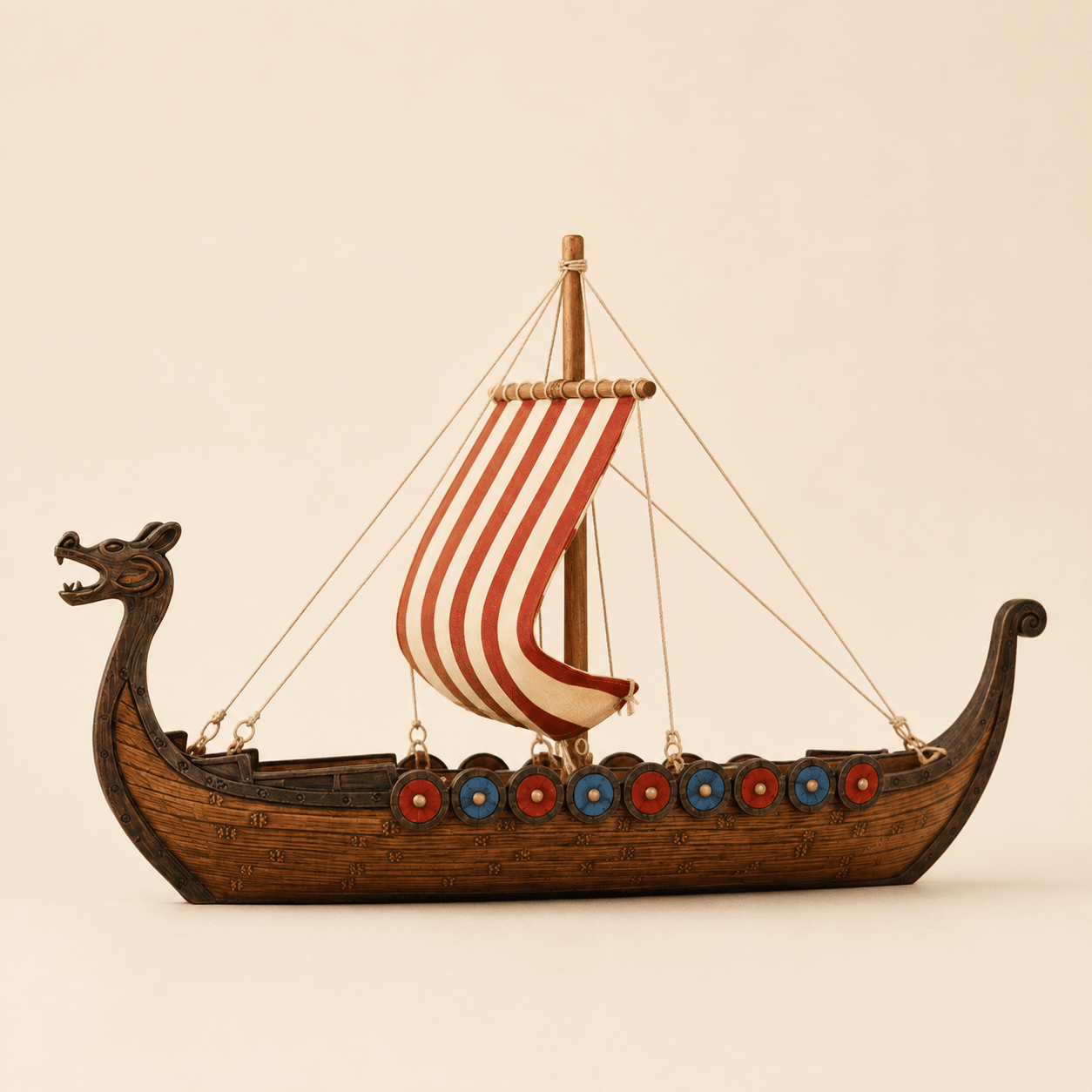 Viking Longship Resin Ship Model – Drakkar Dragon Prow & Striped Sail - Ocean Relic Studio- Handcrafted Wooden Ship Model