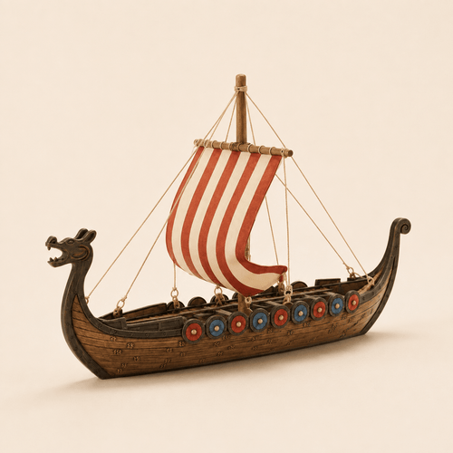 Viking Longship Resin Ship Model – Drakkar Dragon Prow & Striped Sail - Ocean Relic Studio- Handcrafted Wooden Ship Model
