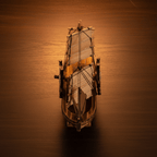 Top-down view of a compact wooden sailboat model showing three masts, hand-strung rigging, and natural wood grain