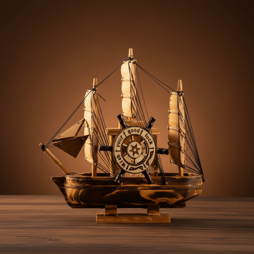 Side view of a compact three-mast wooden sailboat model on a display stand, showing full hull profile and natural wood finish