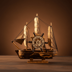 Side view of a compact three-mast wooden sailboat model on a display stand, showing full hull profile and natural wood finish