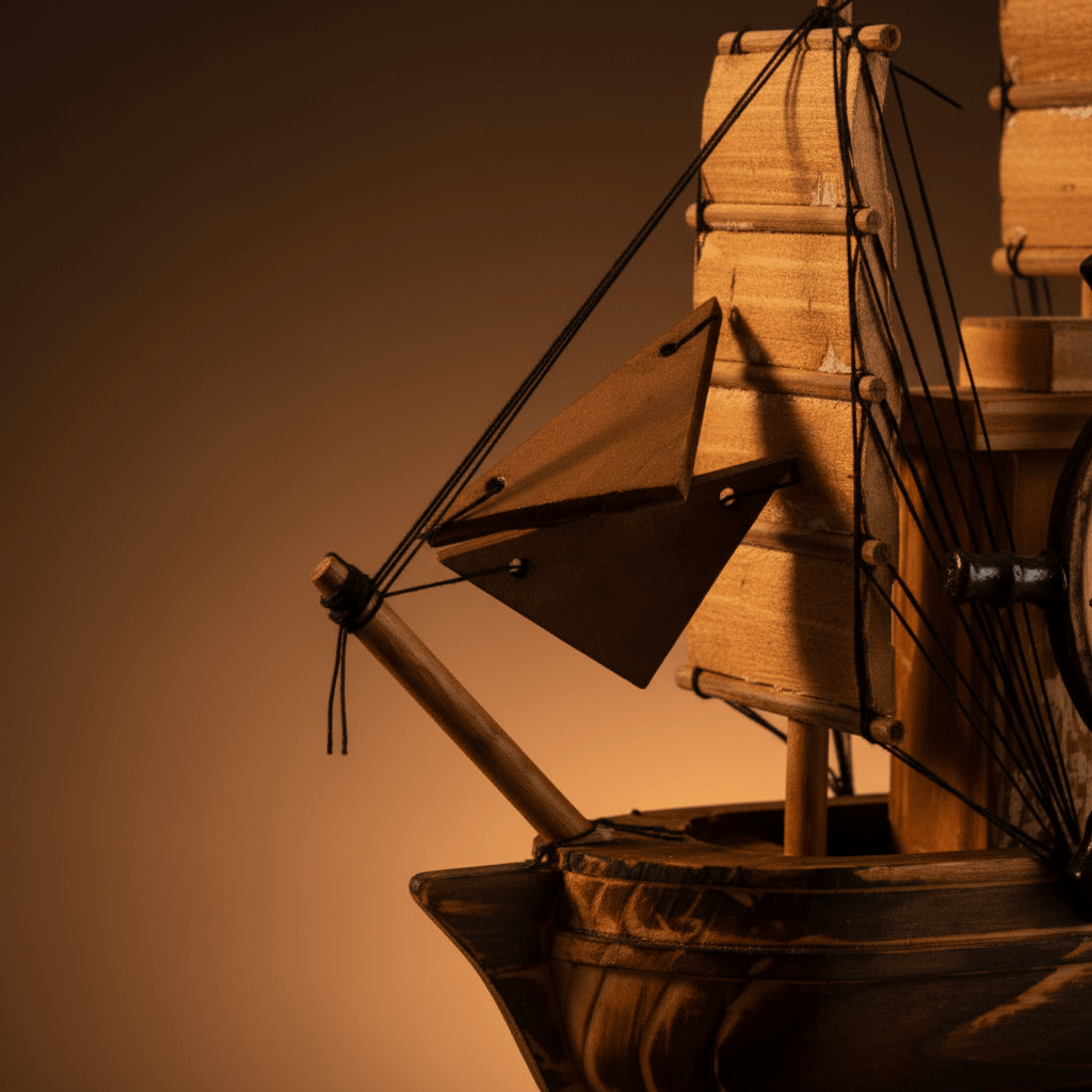 Close-up of the bowsprit and triangular foresail on a handcrafted wooden sailboat model, showing rope rigging detail