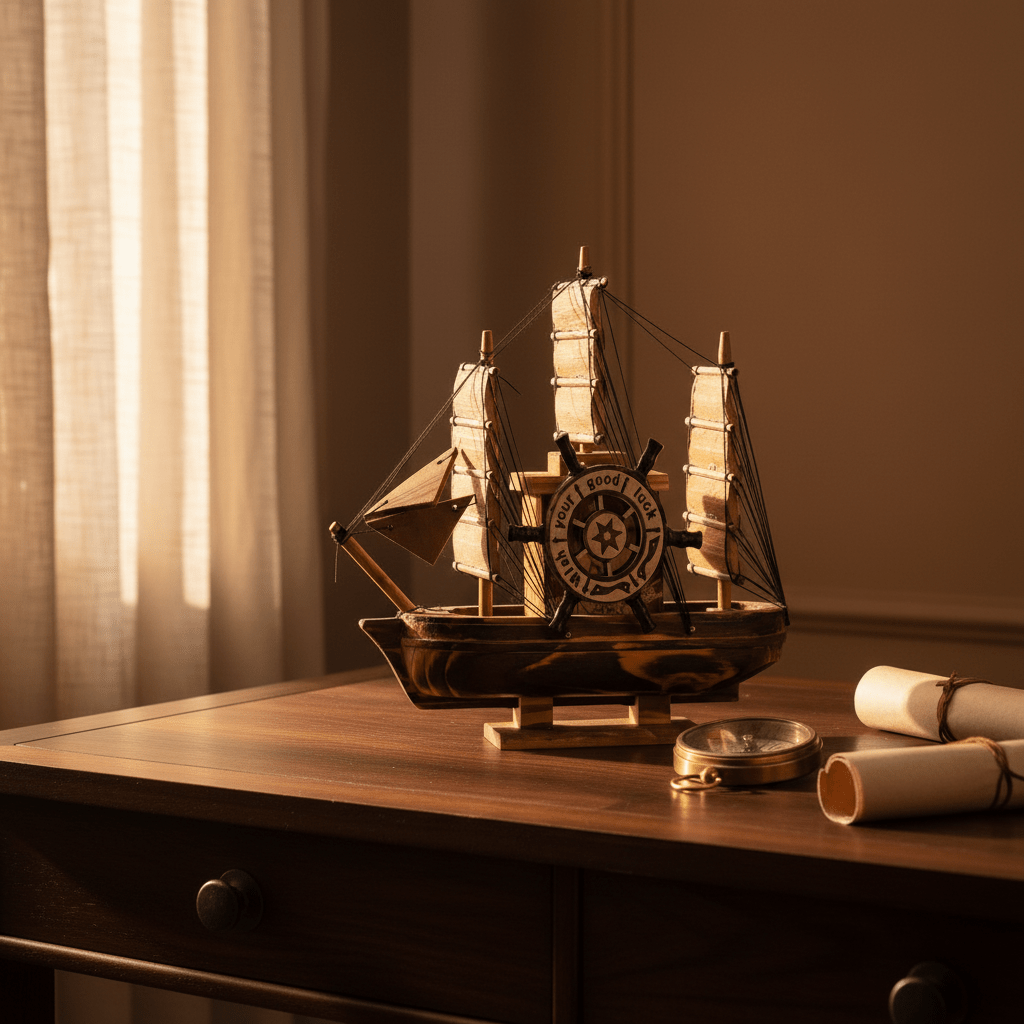 Vintage wooden sailboat model displayed on a wooden desk beside a brass compass and rolled parchment, in a warm study setting