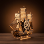 3/4 front view of a wooden sailboat model with carved ship's wheel engraved "Wish Your Good Luck", warm amber background