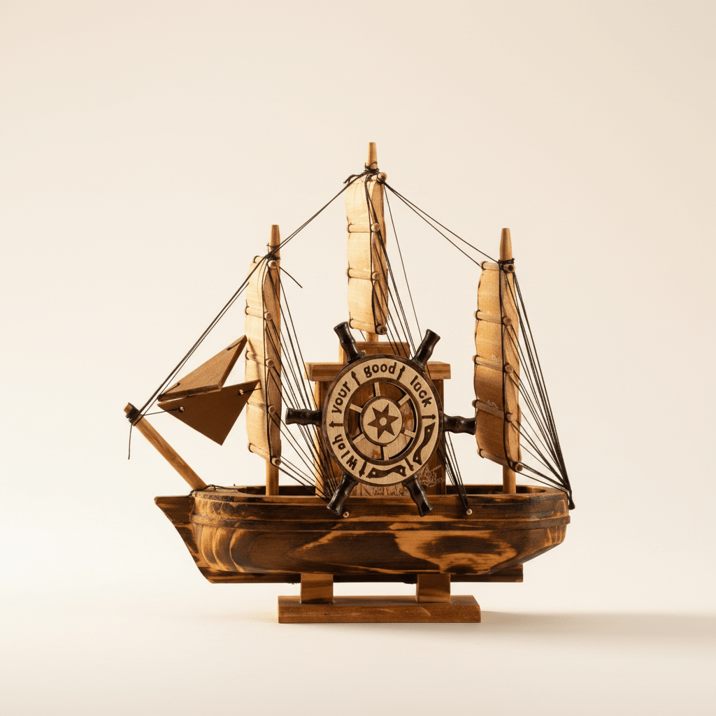 Vintage Wooden Sailboat Model – Compact Nautical Desk Decor - Ocean Relic Studio