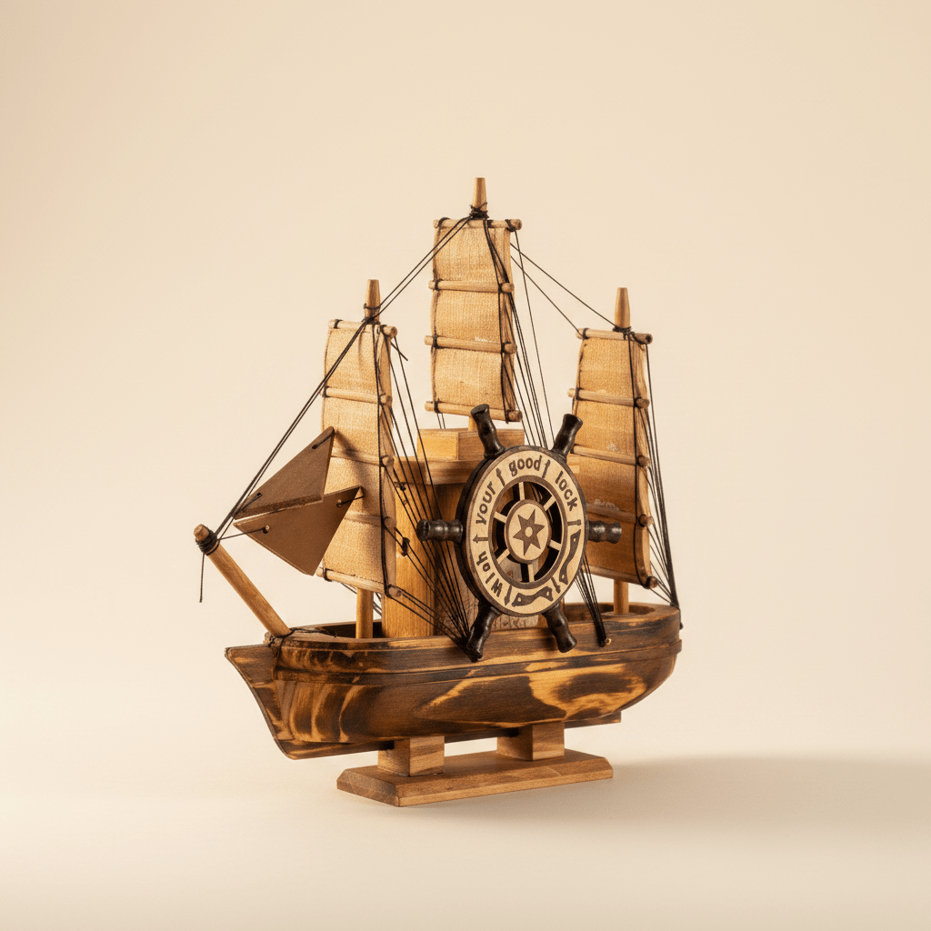 Vintage Wooden Sailboat Model – Compact Nautical Desk Decor - Ocean Relic Studio