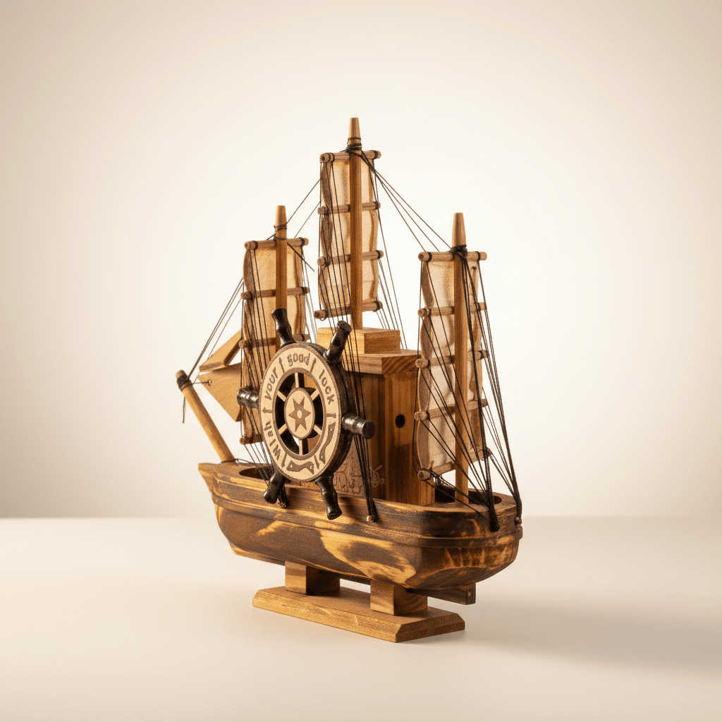 Vintage Wooden Sailboat Model – Compact Nautical Desk Decor - Ocean Relic Studio