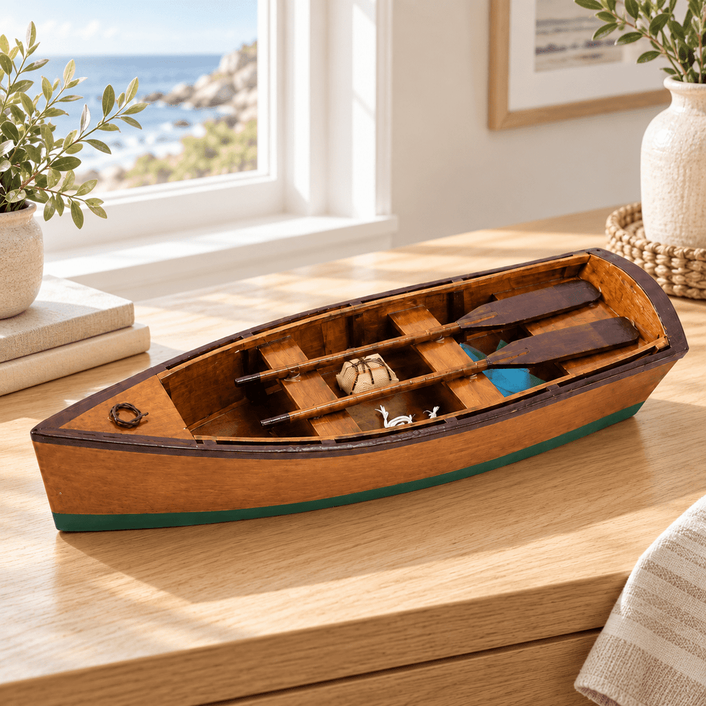 Wooden Rowboat Model – Handcrafted Solid Wood Boat - Ocean Relic Studio