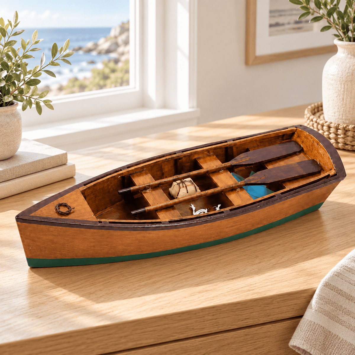 Wooden Rowboat Model – Handcrafted Solid Wood Boat - Ocean Relic Studio