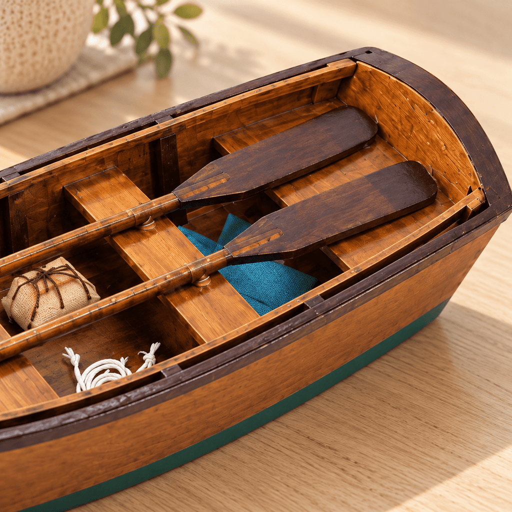 Wooden Rowboat Model – Handcrafted Solid Wood Boat - Ocean Relic Studio