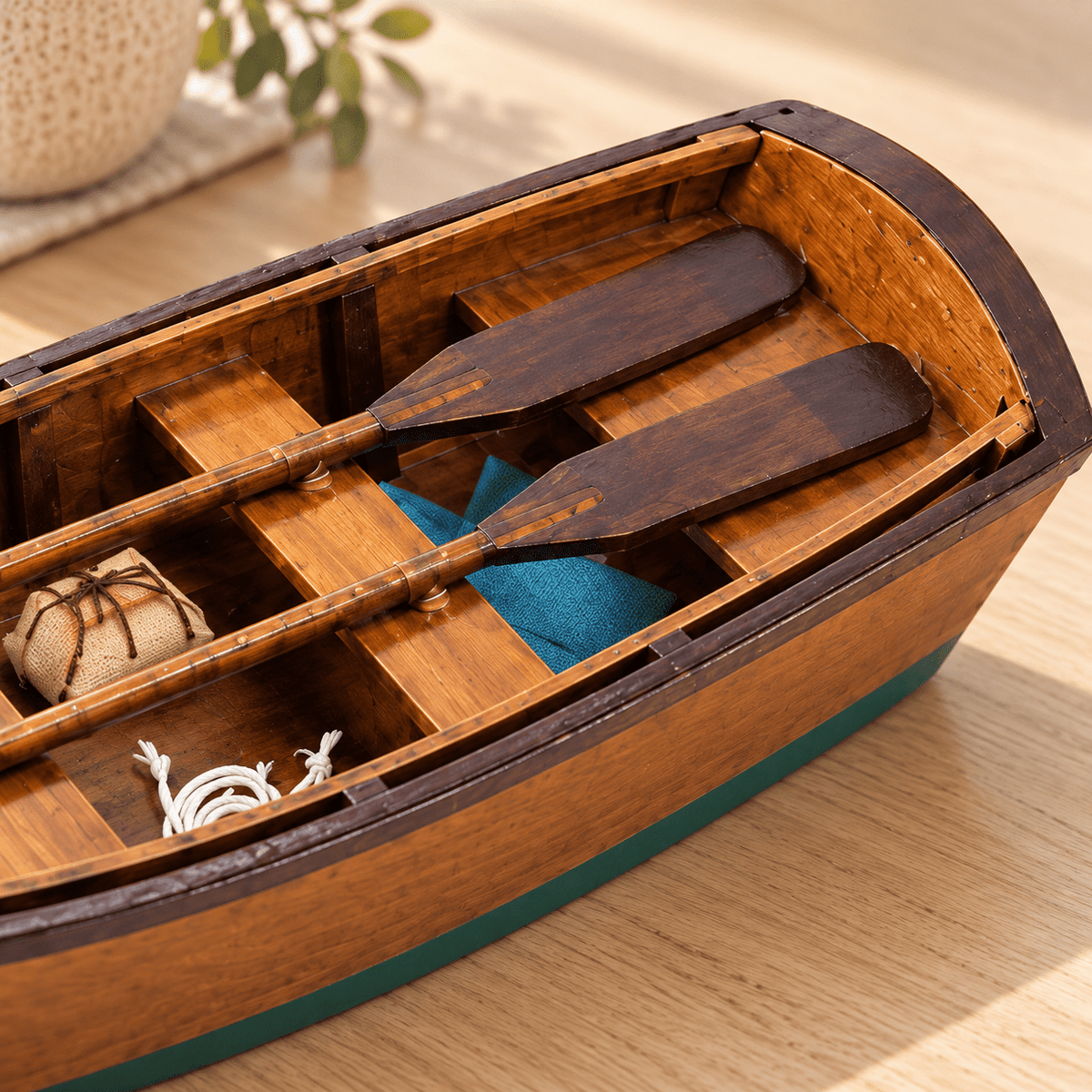 Wooden Rowboat Model – Handcrafted Solid Wood Boat - Ocean Relic Studio