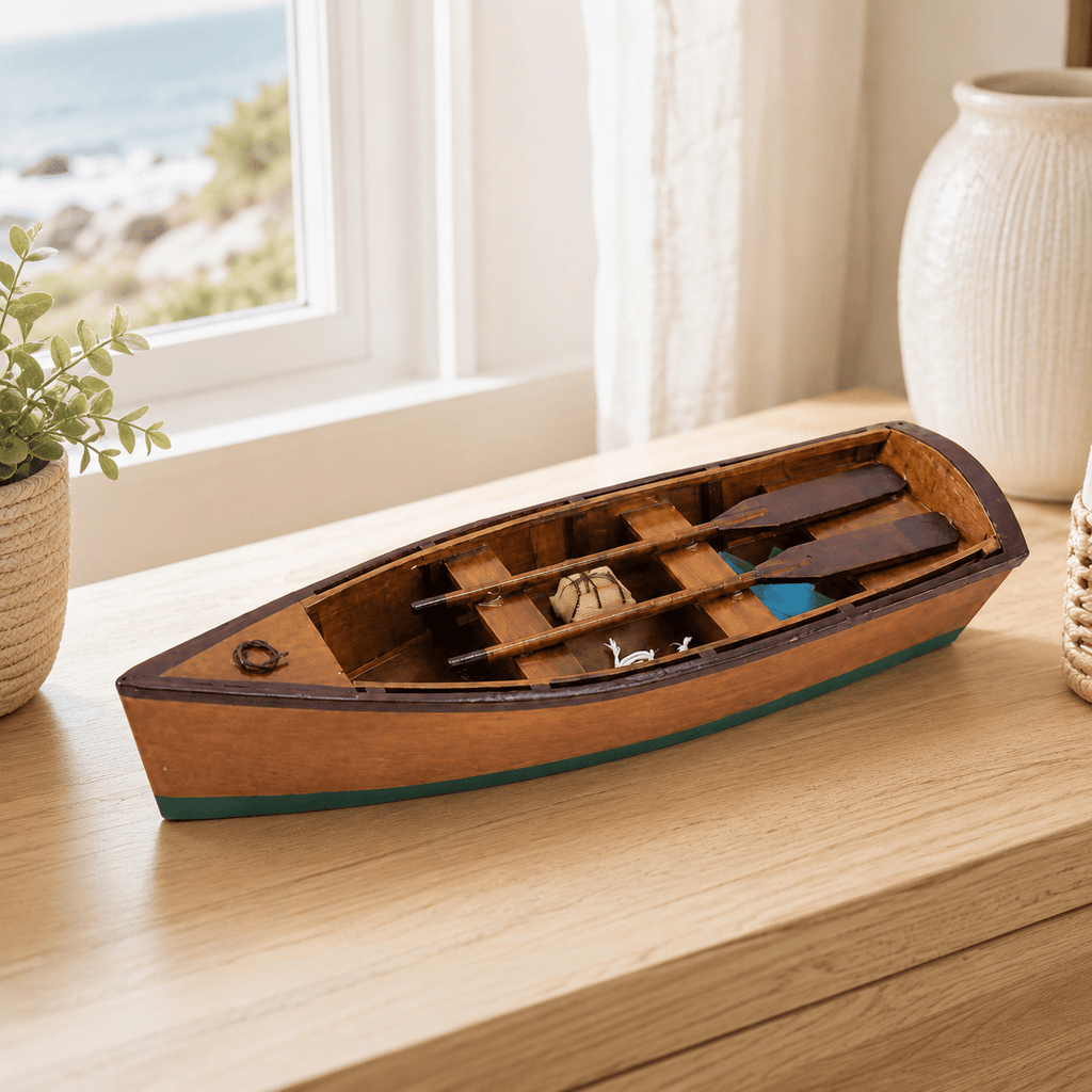 Wooden Rowboat Model – Handcrafted Solid Wood Boat - Ocean Relic Studio- Handcrafted Wooden Ship Model