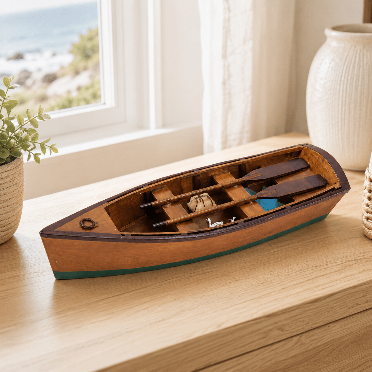 Wooden Rowboat Model – Handcrafted Solid Wood Boat - Ocean Relic Studio- Handcrafted Wooden Ship Model