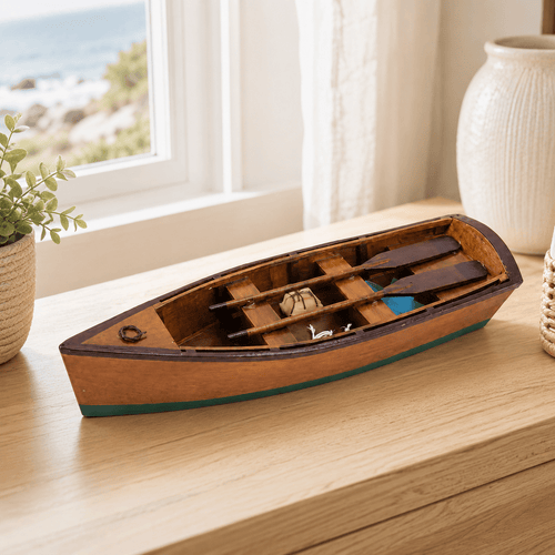 Wooden Rowboat Model – Handcrafted Solid Wood Boat - Ocean Relic Studio- Handcrafted Wooden Ship Model