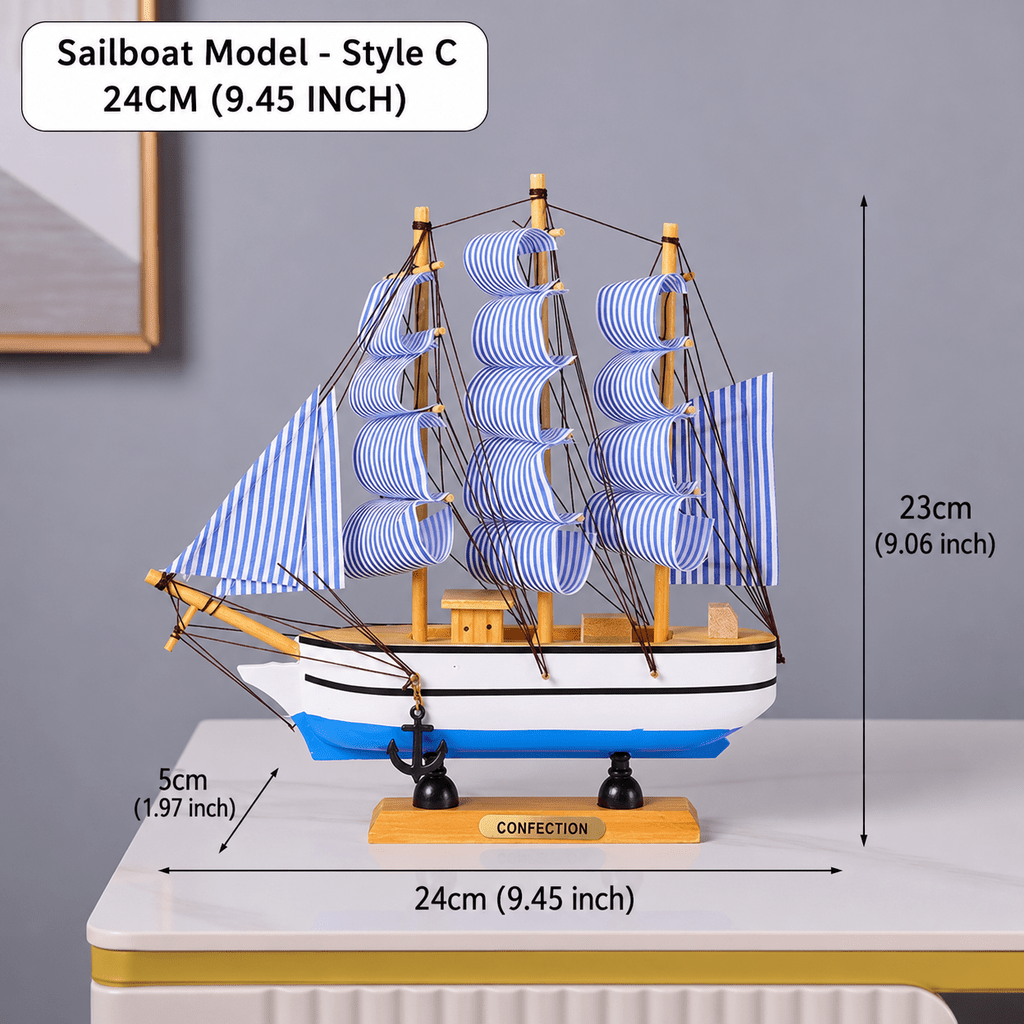 Modelo de velero con velas a rayas azules y blancas y dimensiones mostradas sobre fondo gris