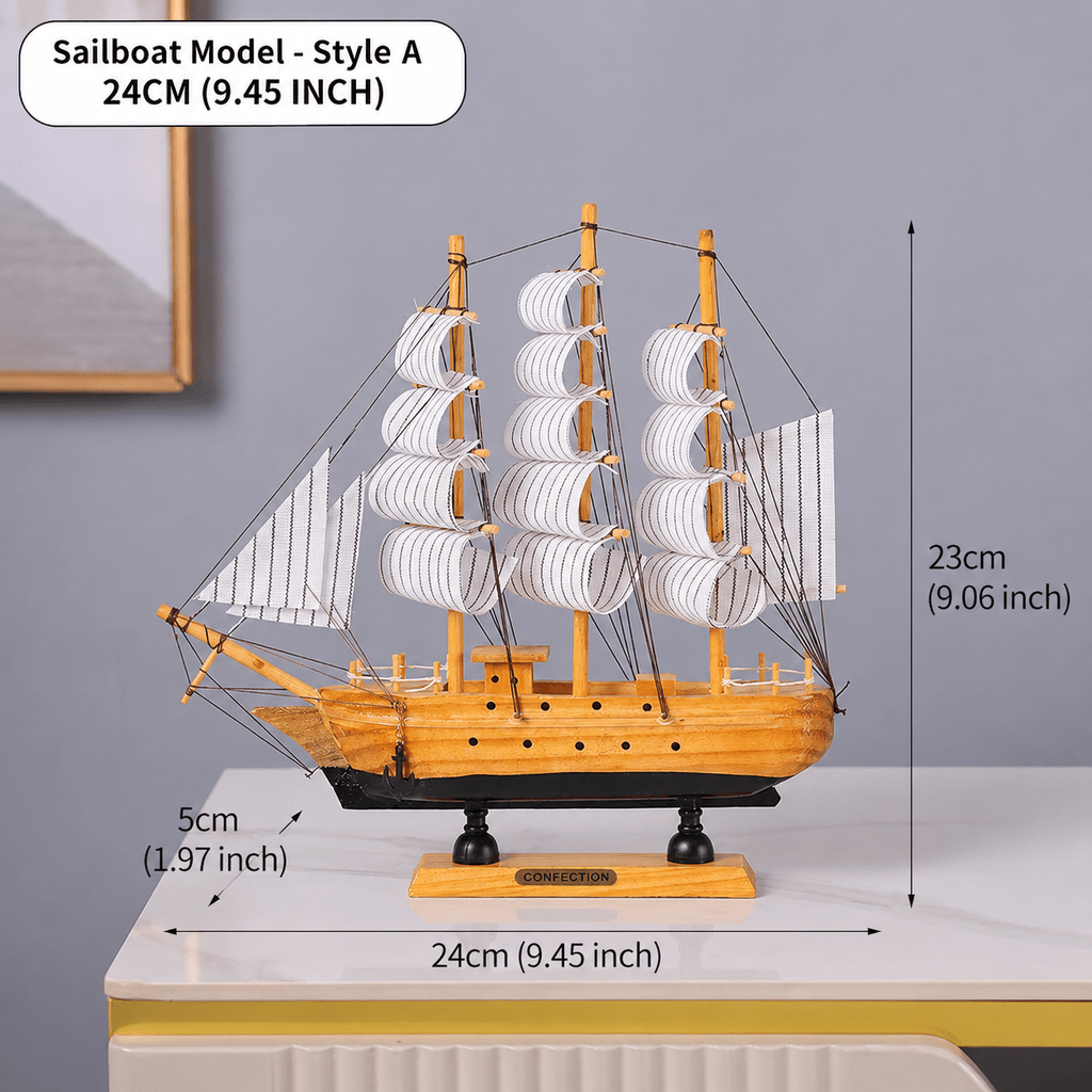 Wooden Sailboat Ship Model – Decorative Desk Ornament - Ocean Relic Studio- Handcrafted Wooden Ship Model