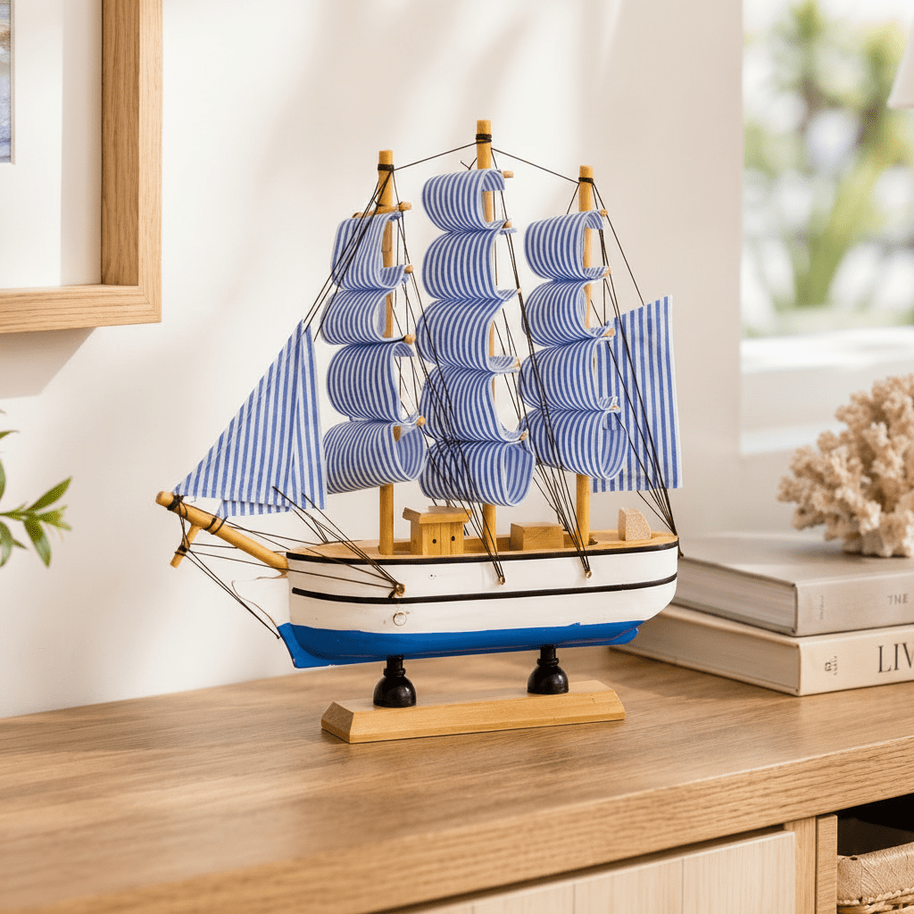 Wooden Sailboat Ship Model – Decorative Desk Ornament - Ocean Relic Studio- Handcrafted Wooden Ship Model