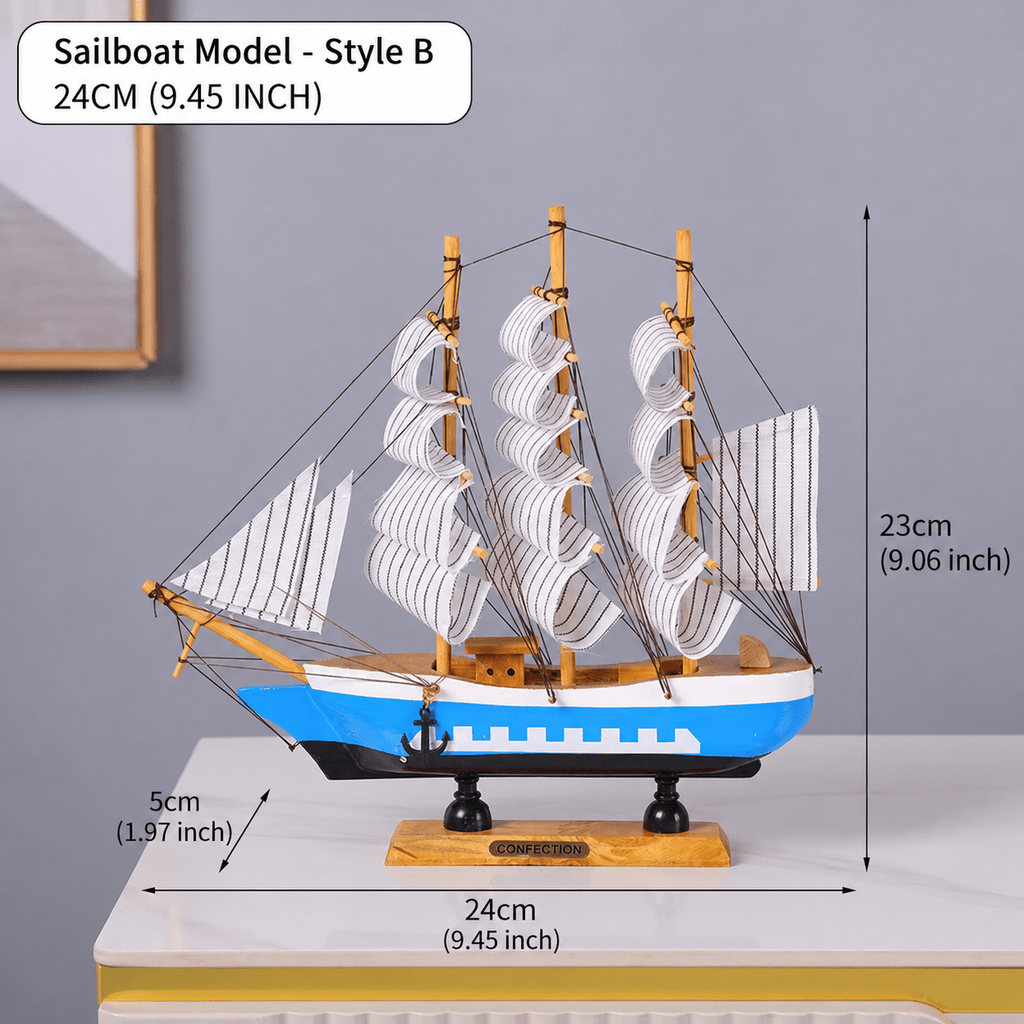 Modelo de velero con dimensiones señaladas sobre fondo gris