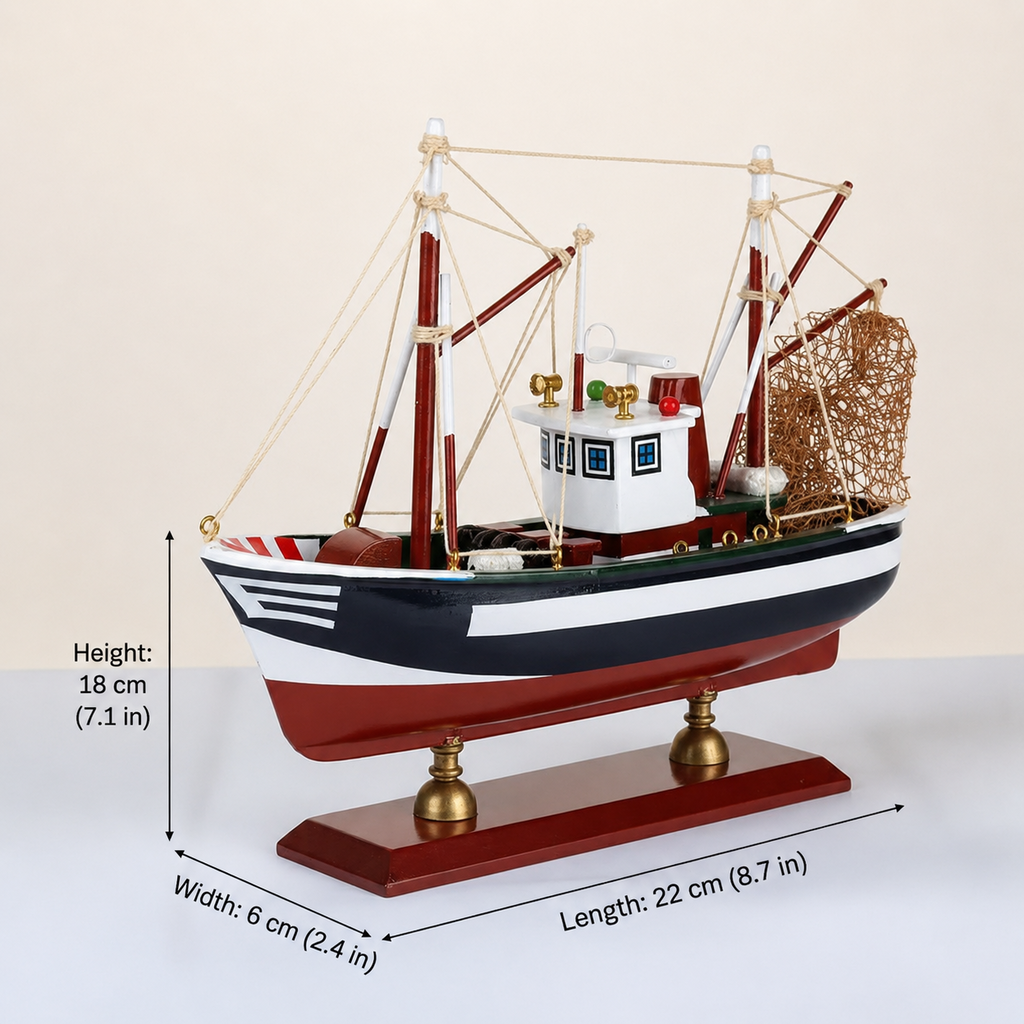 American shrimp boat wooden model dimension chart – 22 cm L × 6 cm W × 18 cm H (8.7 in × 2.4 in × 7.1 in), navy blue hull, mahogany display base, cream white background