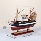 American shrimp boat wooden model dimension chart – 22 cm L × 6 cm W × 18 cm H (8.7 in × 2.4 in × 7.1 in), navy blue hull, mahogany display base, cream white background
